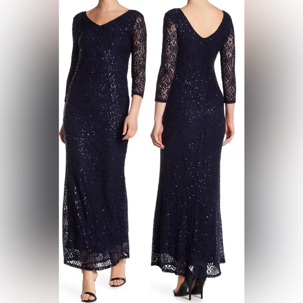 Women’s Formal Dress Size 8 MARINA Navy Sequined Lace Long Sleeves Evening Gown
